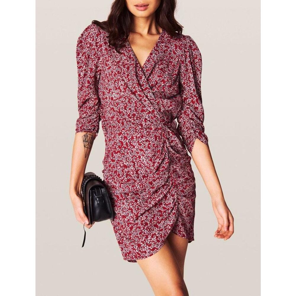 Ba&sh Crystal Puff Sleeve Ruched Dress in Carmin